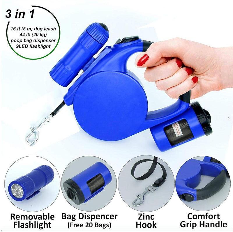 NightWalk 4.5m Retractable Dog Leash with LED Light & Waste Bag Dispenser