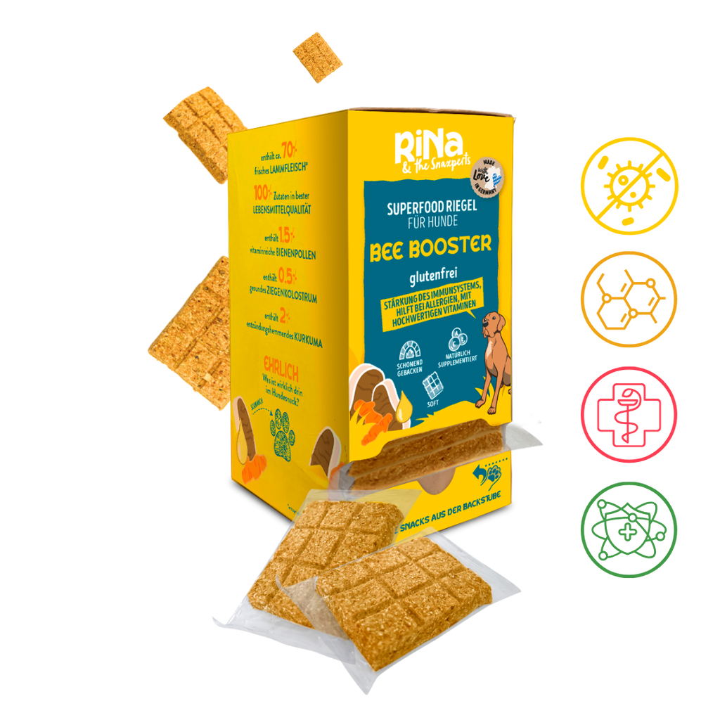 RiNa's BEE BOOSTER - Funktionale Hunde-Leckerli mit Lammfleisch, Bienenpollen, Ziegenkolostrum & Kurkuma - Für Immunität und Allergie - 10er-Riegelbox 300g