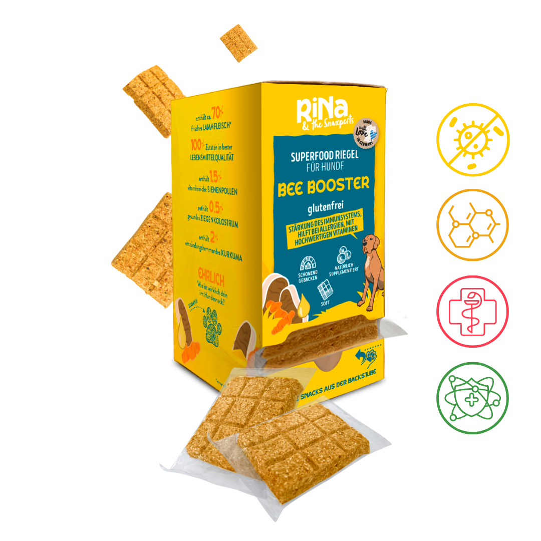 RiNa's BEE BOOSTER - Funktionale Hunde-Leckerli mit Lammfleisch, Bienenpollen, Ziegenkolostrum & Kurkuma - Für Immunität und Allergie - 10er-Riegelbox 300g