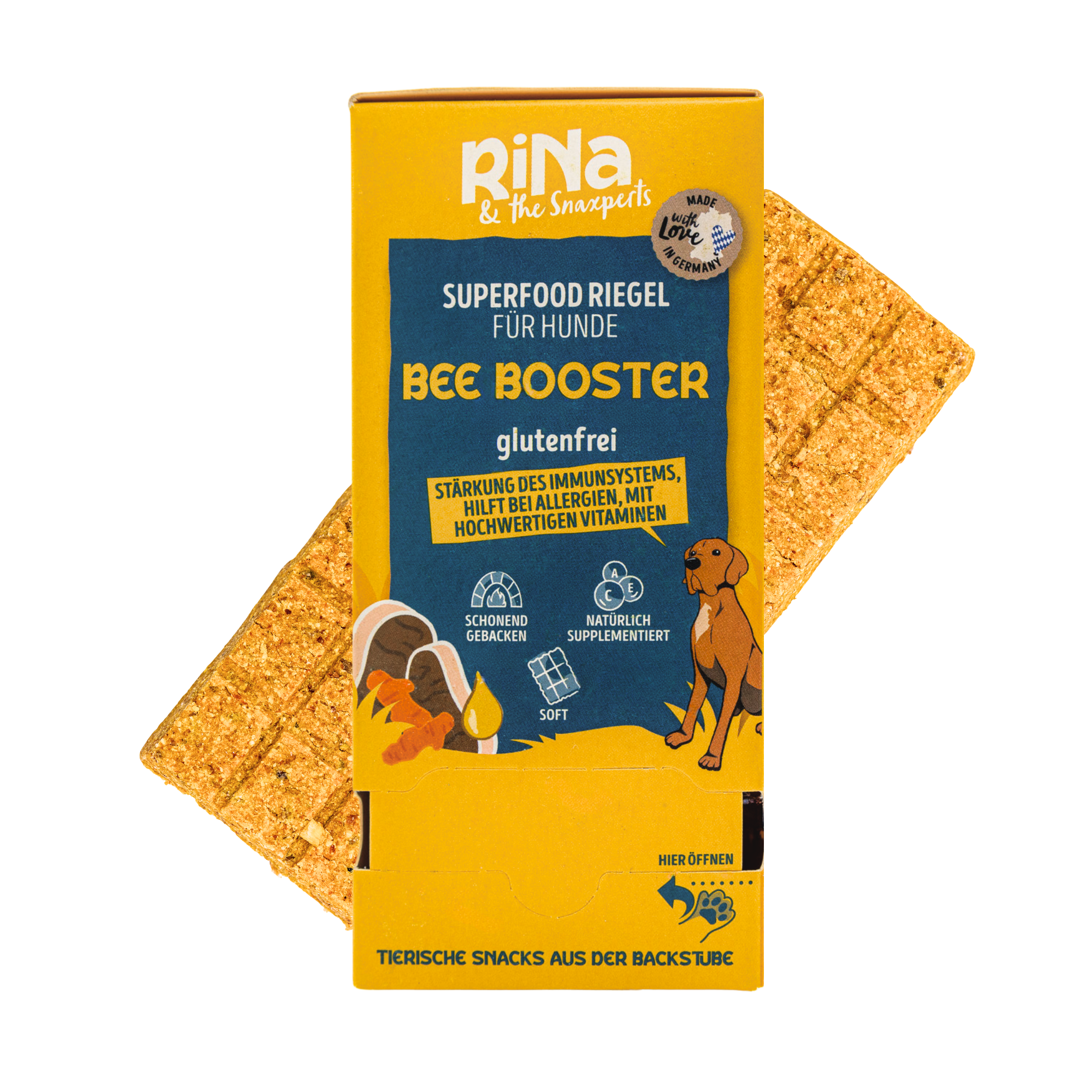 RiNa's BEE BOOSTER - Funktionale Hunde-Leckerli mit Lammfleisch, Bienenpollen, Ziegenkolostrum & Kurkuma - Für Immunität und Allergie - 10er-Riegelbox 300g