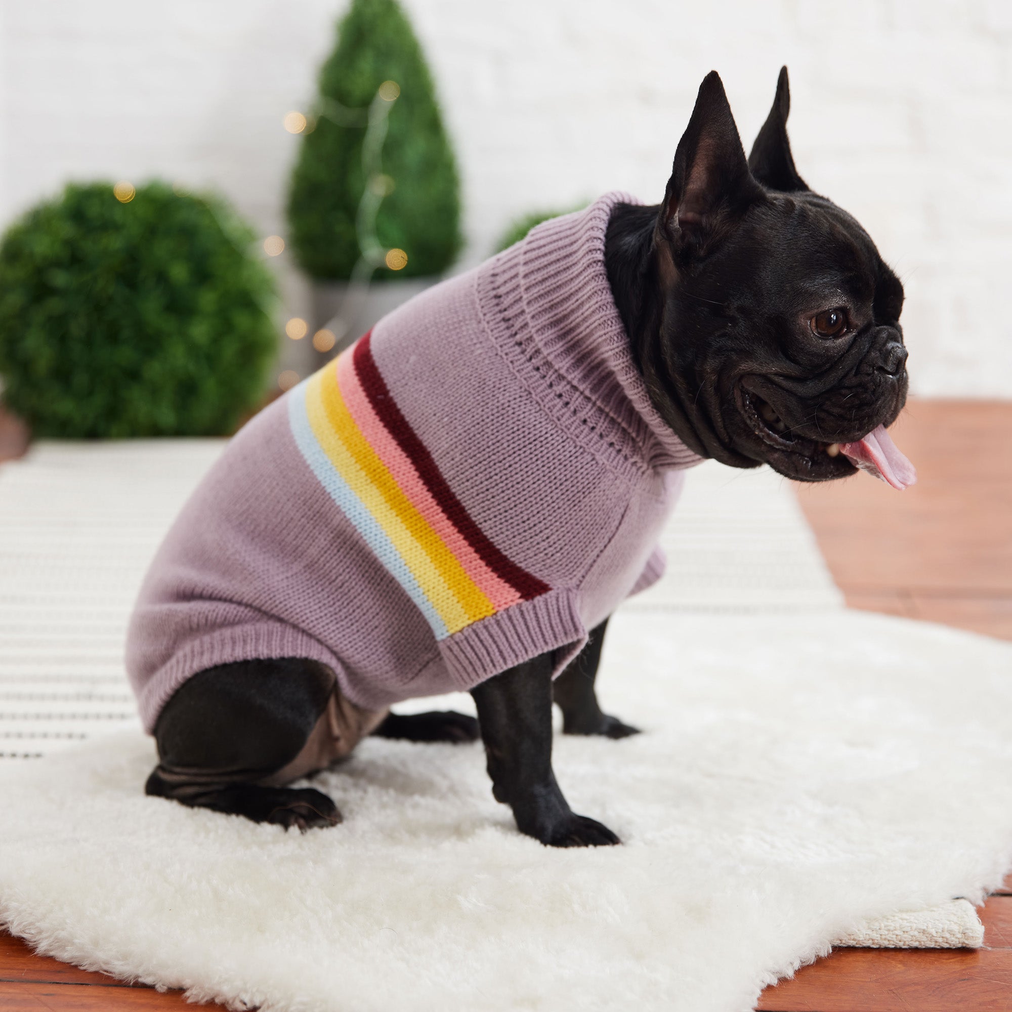 Retro Dog Sweater – Lavender | Soft Turtleneck Knit With Vintage Stripe